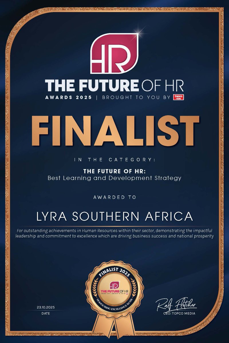 lyrasouthafrica's tweet image. Thrilled to share that LYRA Southern Africa is a Finalist for "The Future of HR: Best Learning and Development Strategy" at The Future of HR Awards 2025!
#HRAwards2025 #FutureOfHR #LearningAndDevelopment #EmployeeDevelopment #LyraSouthernAfrica #LyraSouthAfrica #Finalist