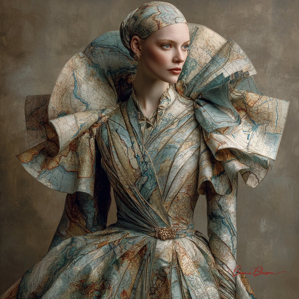 BeanieBlossom's tweet image. Atlas Couture
Draped in routes and coastlines, every seam becomes a horizon and every fold a decision.
#AIArtWork #AIArt #AIArtists #AIArtCommunity