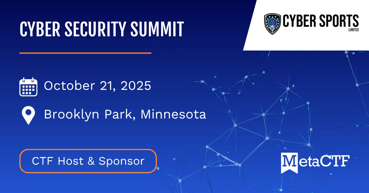 MetaCTF's tweet image. @MetaCTF is excited to run the Cyber Sports Regional CTF Competition at the Cyber Security Summit!
Good luck to everyone competing, and we can’t wait to see who tops the leaderboard 🏆