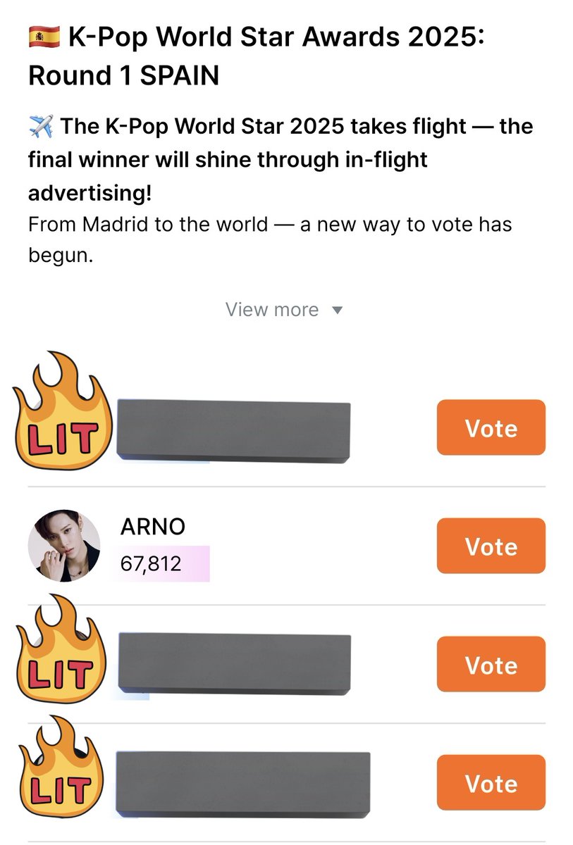 [🗳️] KOOKY VOTING POLL UPDATE

🚨 12 HOURS LEFT 🚨

KOOKY K-Pop World Star Awards 2025: Round 1 SPAIN (National Star)
- ARNO 🌹

📆 End 22/10 11:00 (KST)
🎁 Digital Certificate - TOP 1 (National Star)
🎁 Official Trophy - TOP 1 (Continental Star)
🎁 In-Flight Ads Across Asia and