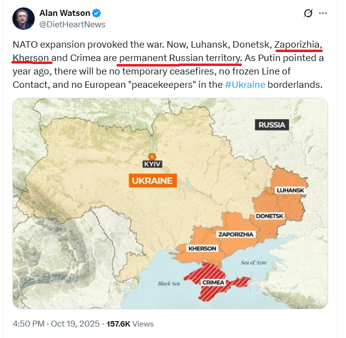 We just proposed to trade away the land this idiot said was "permanent Russian territory" 2 days ago.

I am surrounded by idiocy.