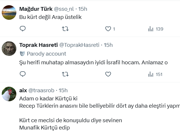 Türkiye'de Türkler Mağdurmuş

Edip Yüksel
21 Ekim 2025

Şu cevaba bakınız.
Beni Kürt ırkçısı olmakla suçluyor.
Yalnız değil. 
Burada yüzlerce kez Türkçüler beni ırkçılıkla suçladı.
Hani şu şeytani ideoloji...
İnanılmaz bir şey. 😲

Adam baktığı aynada kendini değil, her nedense