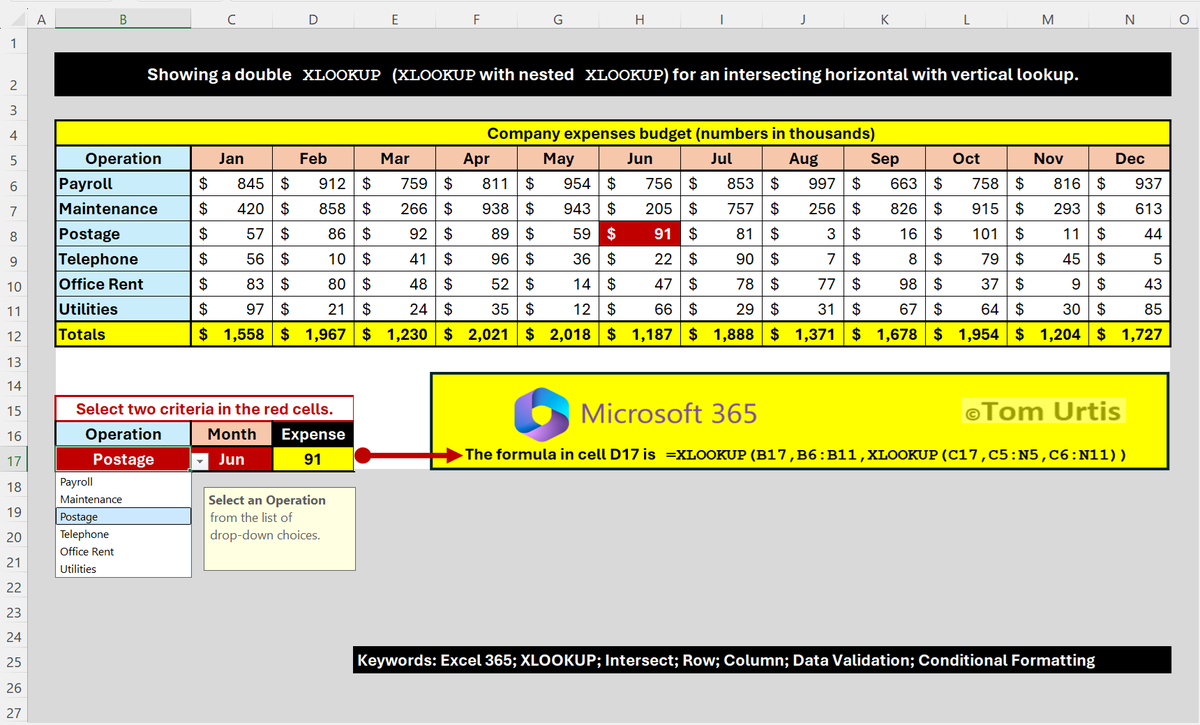 TomUrtis's tweet image. Tom’s Tutorials For Excel: Showing a double XLOOKUP (XLOOKUP with nested XLOOKUP) for an intersecting horizontal with vertical lookup. Download this free, safe, interactive workbook.atlaspm.com/toms-tutorials…