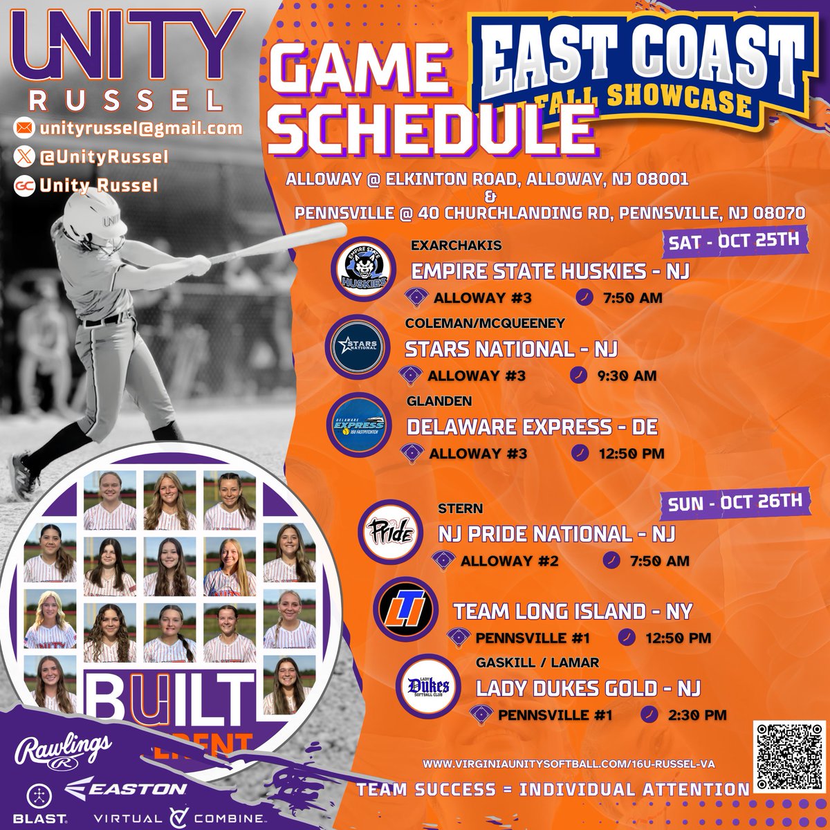 UnityRussel's tweet image. Schedule for this weekend’s @eastcoast_sb East Coast Fall Showcase in NJ (10/25 & 10/26).  Might be 🍁fall🍁 but we are bringing the 🔥fire🔥!!! Coming in hot from last weekend & looking to make the most of this opportUnity!!! Playing at both Alloway & Pennsville & looking…