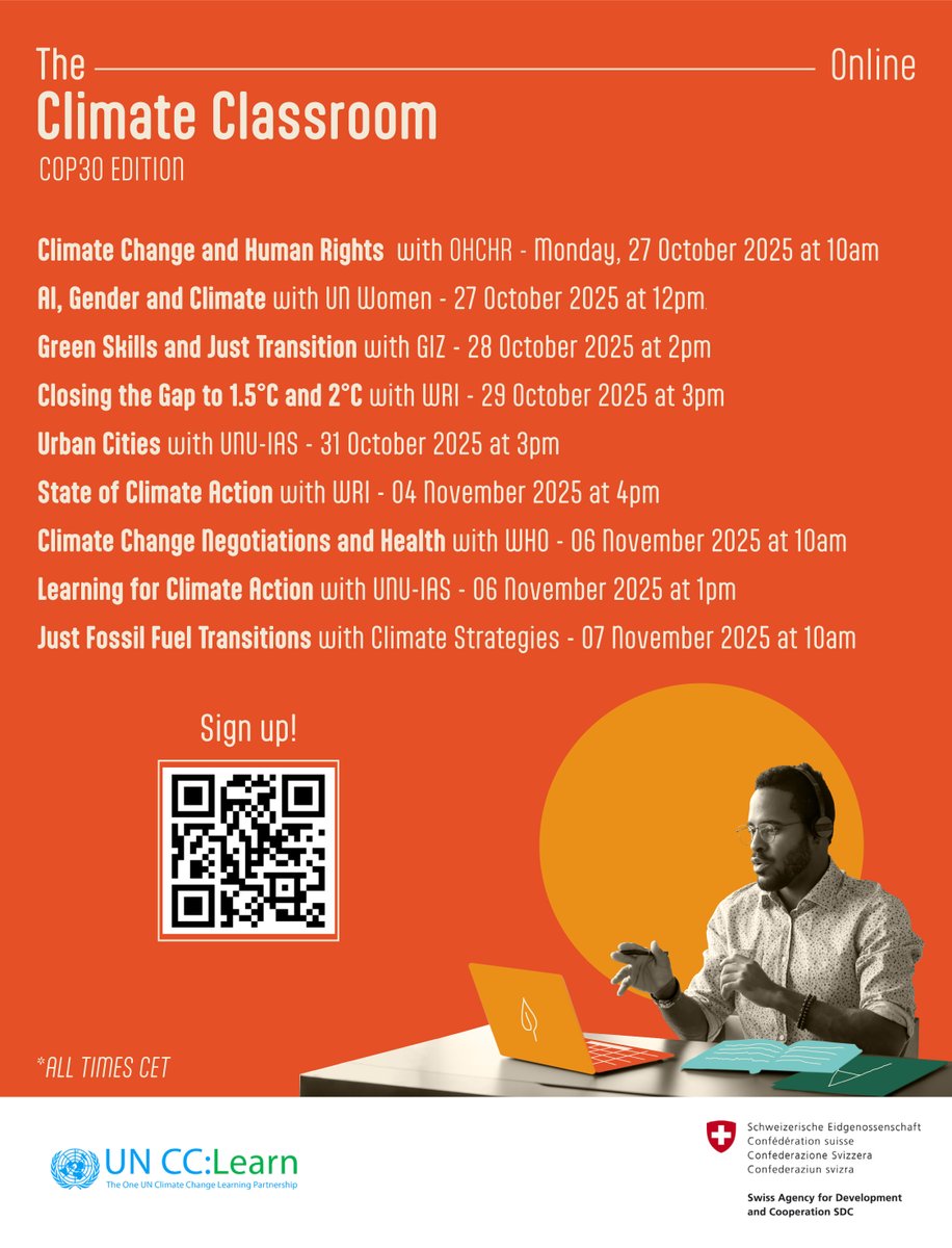 uncclearn's tweet photo. 💡The programme for the COP30 edition of the #ClimateClassroom is out! 

Starting next week, we'll organize several free 45-minute classes on various climate change topics in collaboration with our partners. Ready? 

Pick the perfect class for you here. 👇
https://t.co/bLeTIXEv65 https://t.co/KIeQhAslYV