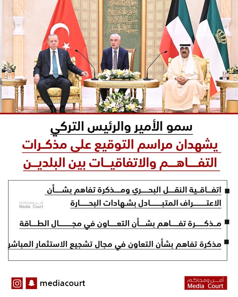 بحضور حضرة صاحب السمو أمير البلاد الشيخ مشعل الأحمد الجابر الصباح والرئيس رجب طيب أردوغان رئيس جمهورية تركيا وسمو ولي العهد الشيخ صباح خالد الحمد الصباح وسمو الشيخ أحمد عبدالله الأحمد الصباح رئيس مجلس الوزراء 

تم التوقيع على اتفاقيات بين دولة الكويت وجمهورية تركيا وهي:
1 -