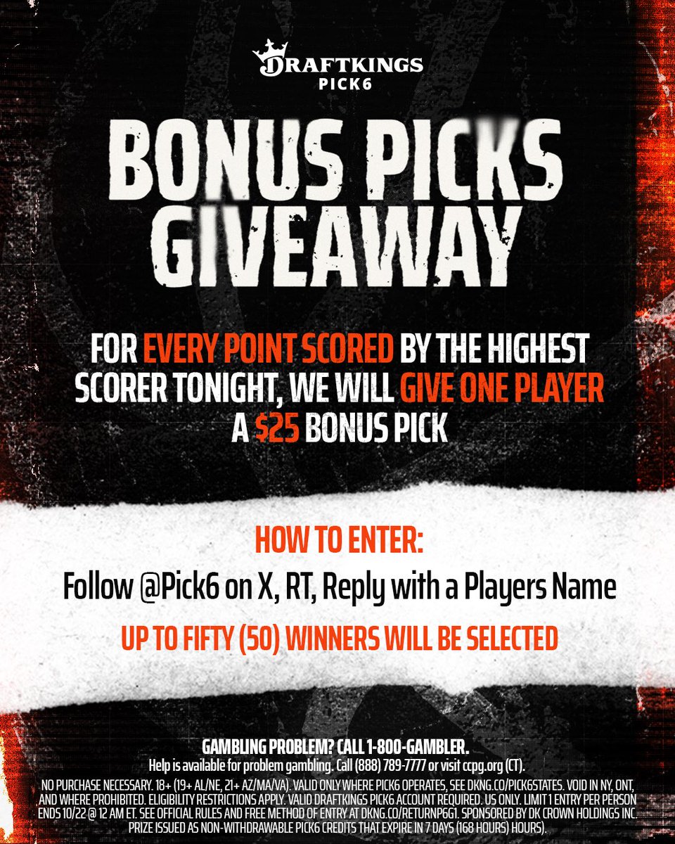 Pick6's tweet image. 🗣️: BASKETBALL IS BACK.
To celebrate, I’ve giving out $25 Bonus Picks all week long. 😈
Follow @Pick6, RT, and Reply.