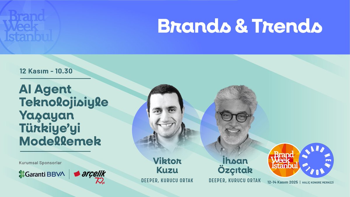 ✨ Deeper Kurucu Ortakları Viktor Kuzu ve İhsan Özçıtak, “AI Agent Teknolojisiyle Yaşayan Türkiye’yi Modellemek” oturumuyla 12 Kasım 10.30’da Brand Week Istanbul sahnesinde olacak.

Bilet almak için 🎫 brandweekistanbul.com