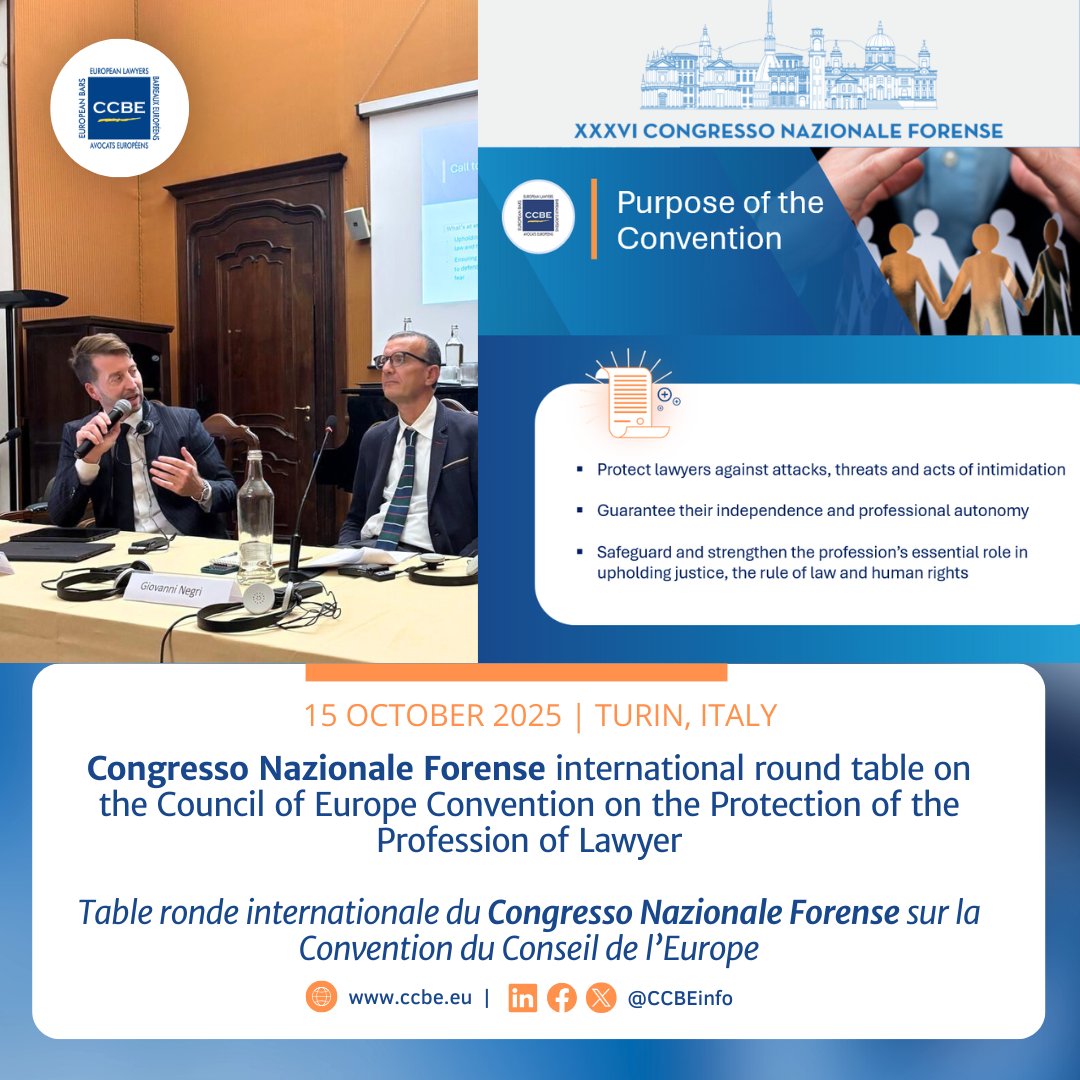 📢Le 15 octobre, le premier vice-président du CCBE, <a href="/RZavrsek/">Roman Završek</a> , a participé à la table ronde internationale du Congresso Nazionale Forense à Turin, qui portait sur la Convention du Conseil de l'Europe sur la protection de la profession d'avocat. congressonazionaleforense.it/content/upload…