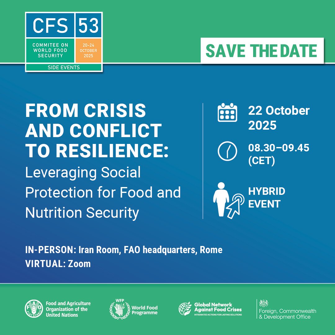 #SocialProtection systems can be a powerful tool to prevent and mitigate food crises.

Interested? Join us for this panel discussion.

📅 22 October 
🕣 08:30 CEST
📍 FAO HQ &amp; online (Register!)

📌bit.ly/4ncNz1v

Hosted by <a href="/FAO/">Food and Agriculture Organization</a> <a href="/fightfoodcrises/">Global Network Against Food Crises</a> <a href="/WFP/">World Food Programme</a> <a href="/FCDOGovUK/">Foreign, Commonwealth & Development Office</a>