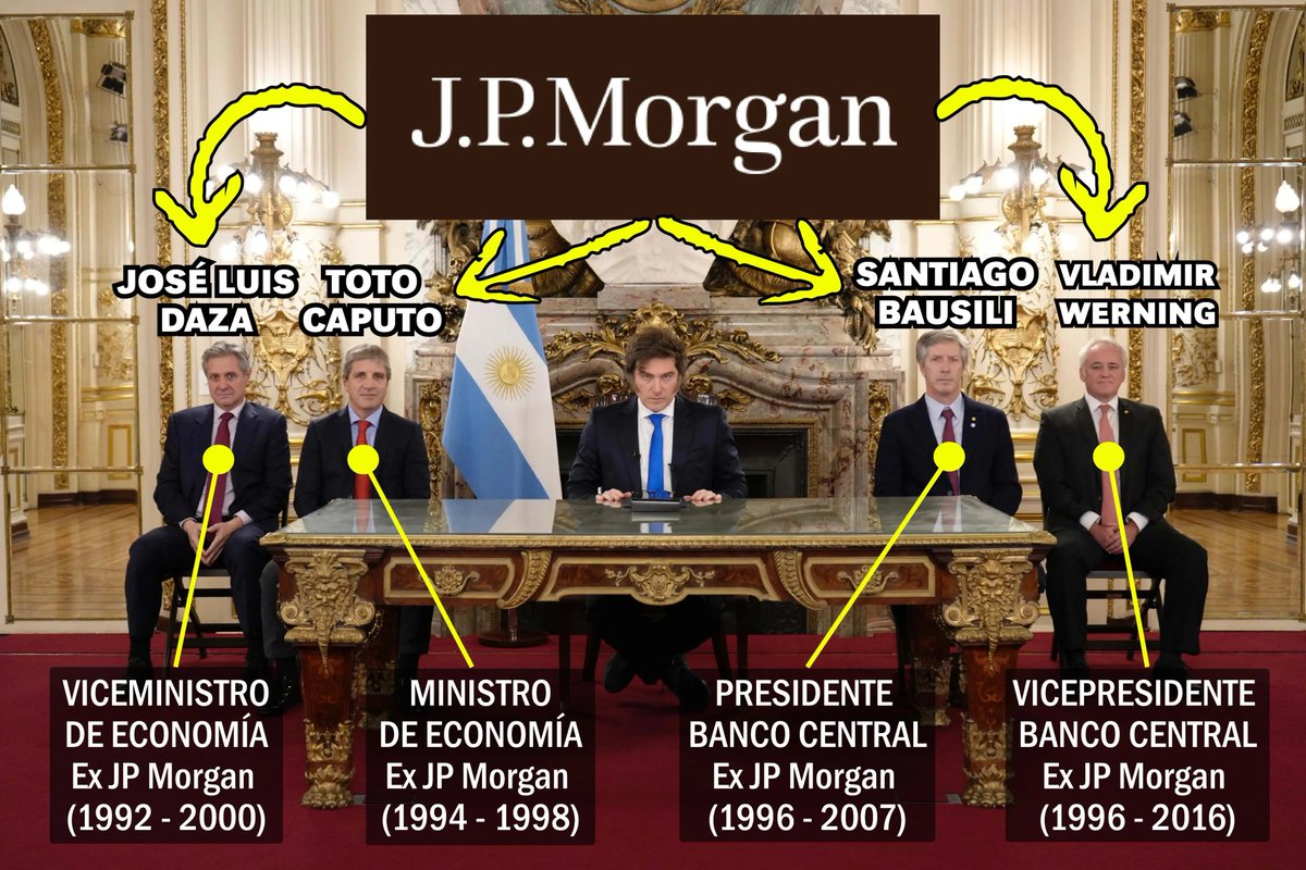 Argentina's right-wing libertarian government is run by Wall Street, both indirectly and directly.

President Javier Milei's minister &amp; vice minister of the economy, and the president &amp; vice president of the central bank, all previously worked for JPMorgan, the largest US bank.