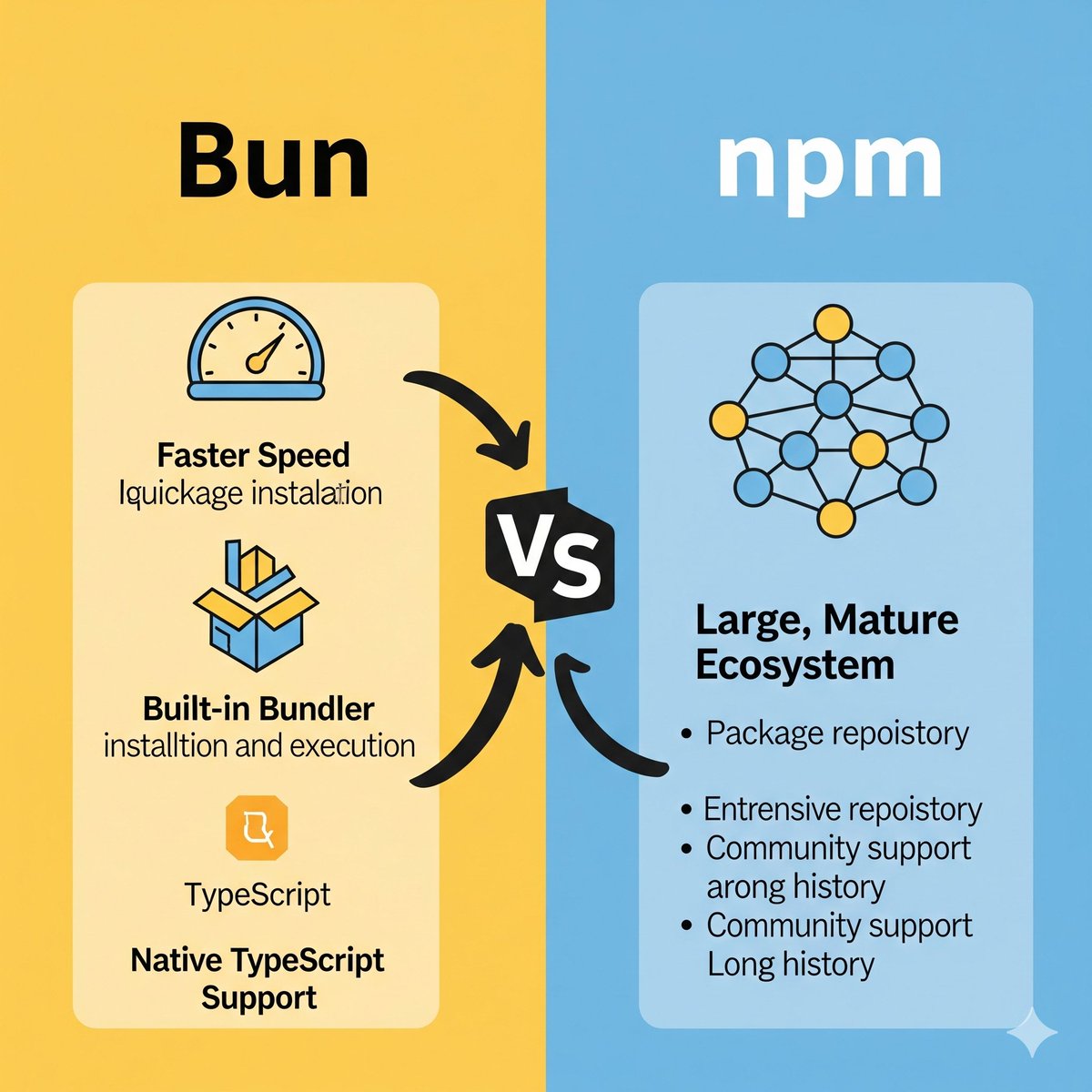 Adityakcnit's tweet image. 🚀 Bun vs npm: Package Manager Face-Off 🛠️
🔥 Bun: The Speed Demon!
- Up to 100x faster installs
- Built-in bundler & test runner
- Native TypeScript support
🐢 npm: The Standard!
- Huge, mature ecosystem
- Rock-solid compatibility
Your pick? 🤔
#Bun #npm #JavaScript