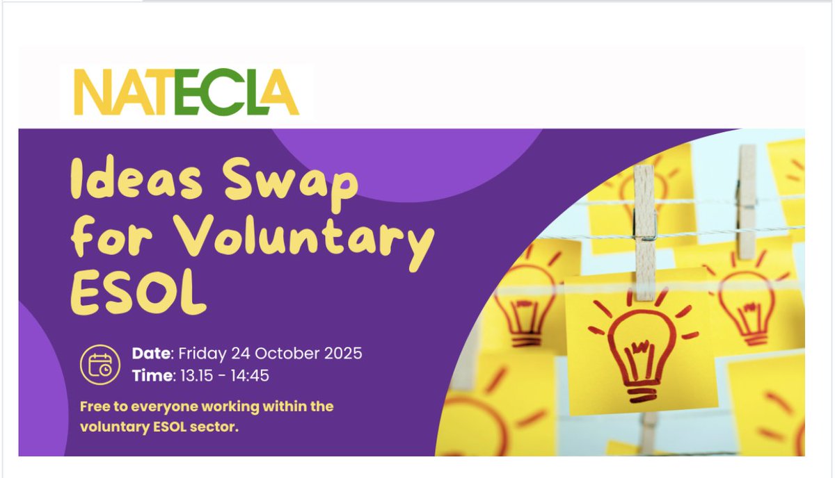 ESOL IDEAS SWAP - for People Working in the Voluntary Sector Friday 24th October 1:15pm to 2:45pm
Join our ideas exchange for supporting people learning English. Share tips, activities or resources that worked well, in an informal 3-minute presentation.
community.natecla.org.uk/events/68d5398…