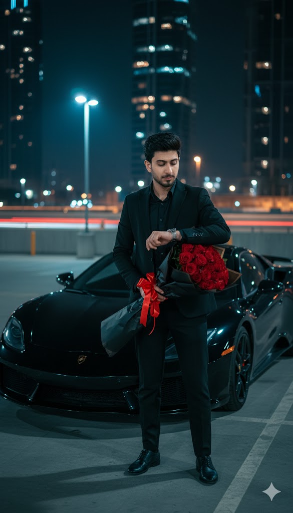 itxabdullaa's tweet image. Gemini ♊️
A hyper-realistic cinematic 9:16 portrait based on the uploaded image, keeping the same face and hairstyle of a stylish young man standing in a modern city parking lot at night beside a sleek black luxury car. He is wearing a fitted black suit, black shirt, and black…