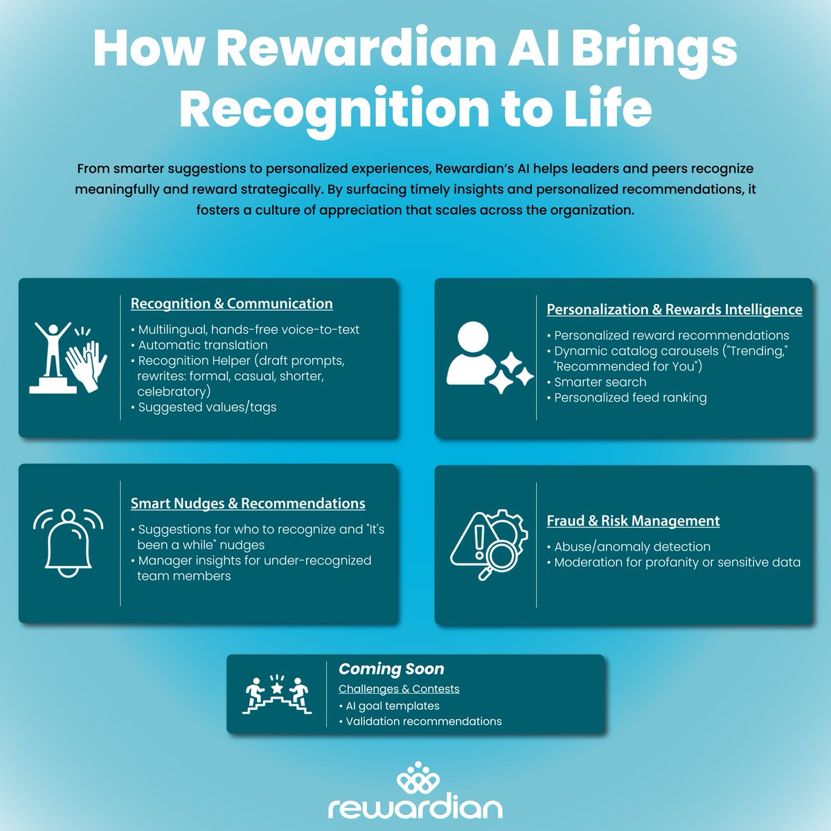 Whether you’re strengthening culture, improving engagement, or empowering managers to recognize more often, AI is changing the way appreciation happens.

Rewardian’s AI capabilities deliver data-driven insights that help teams recognize so appreciation never misses a moment!
