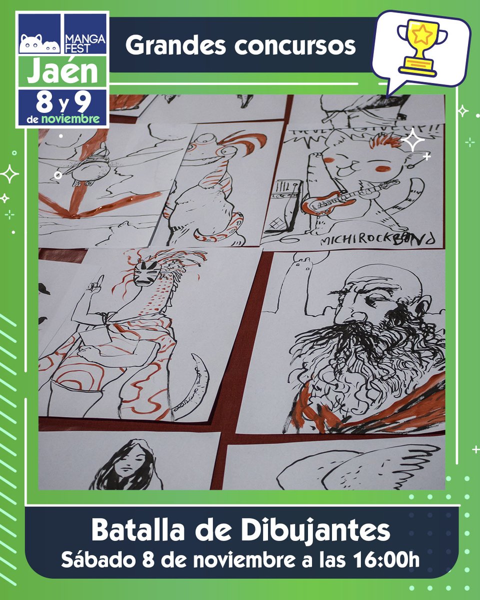 Mangafest's tweet image. ✨ No te pierdas los concursos de Mangafest Jaén ✨

¿Sabes en cuál participarás? Consulta las bases disponibles en la web y apúntate ya. Tienes hasta el 3 de noviembre para inscribirte online

Hazte con tu entrada y no te pierdas nada 🔥

📅 8 y 9 de noviembre
📍 IFEJA (Jaén)
🎟…
