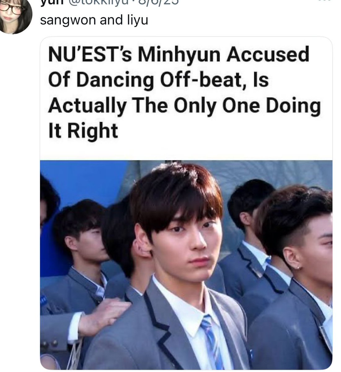 liyuchains's tweet photo. this was me seeing sangwon and liyu’s names in the same tweets when the fancams dropped, because people were calling liyu offbeat, and then comparing it to sangwon and them being on the same beat 🥰 #yass #fredwon https://t.co/LwDAPvKWbb