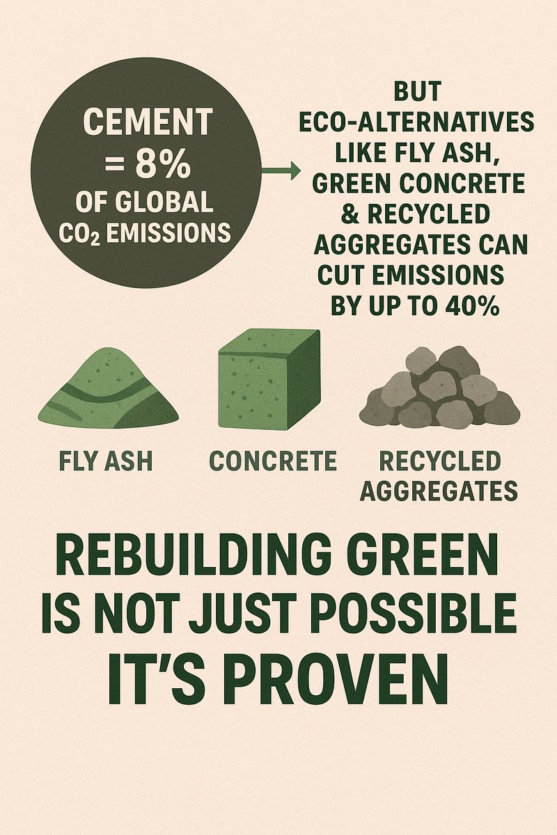 NawahBlog's tweet image. Cement = 8% of global CO₂ #emissions.
But eco-alternatives like fly ash, green concrete &amp;amp; #recycled aggregates can cut emissions by up to 40%. Rebuilding green is not just possible, it’s proven.
#GreenRecovery #ClimateSolutions