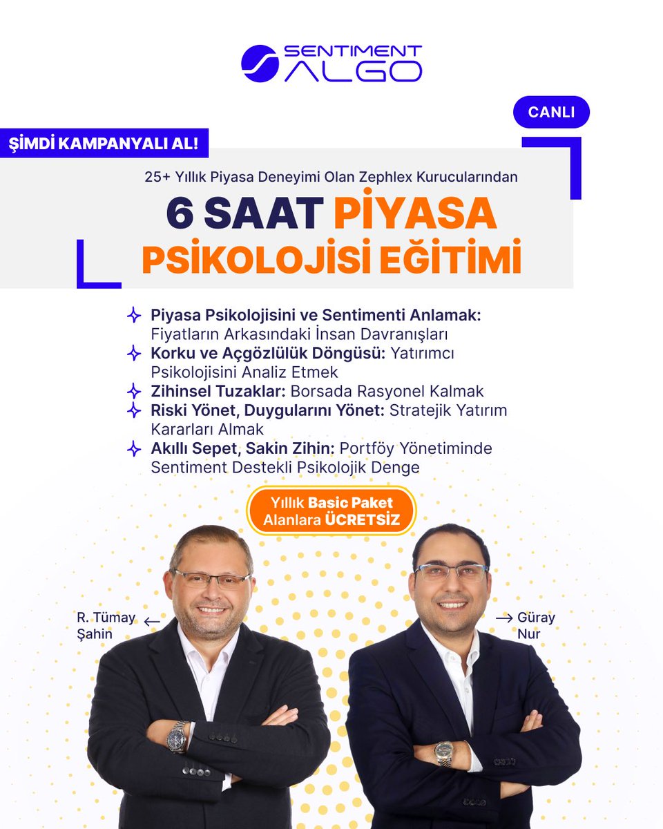 algo_sentiment's tweet image. PİYASA PSİKOLOJİSİNİ UZMANINDAN ÖĞRENİN!
Yatırım sadece verilerle değil, zihinle de kazanılır.
Sentiment Algo, yatırımcılarına fark yaratan bir eğitim fırsatı sunuyor.
25+ yıllık piyasa deneyimine sahip Zephlex kurucularından,
6 saatlik canlı “Piyasa Psikolojisi Eğitimi”
(4…