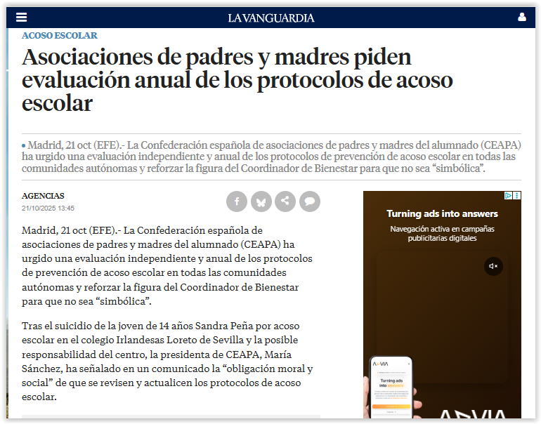 #CEAPA pide una evaluación independiente y anual de los protocolos de prevención de #acosoescolar en todas las comunidades autónomas y reforzar la figura del Coordinador de Bienestar para que no sea “simbólica” vía <a href="/LaVanguardia/">La Vanguardia</a> 👇
lavanguardia.com/vida/20251021/…