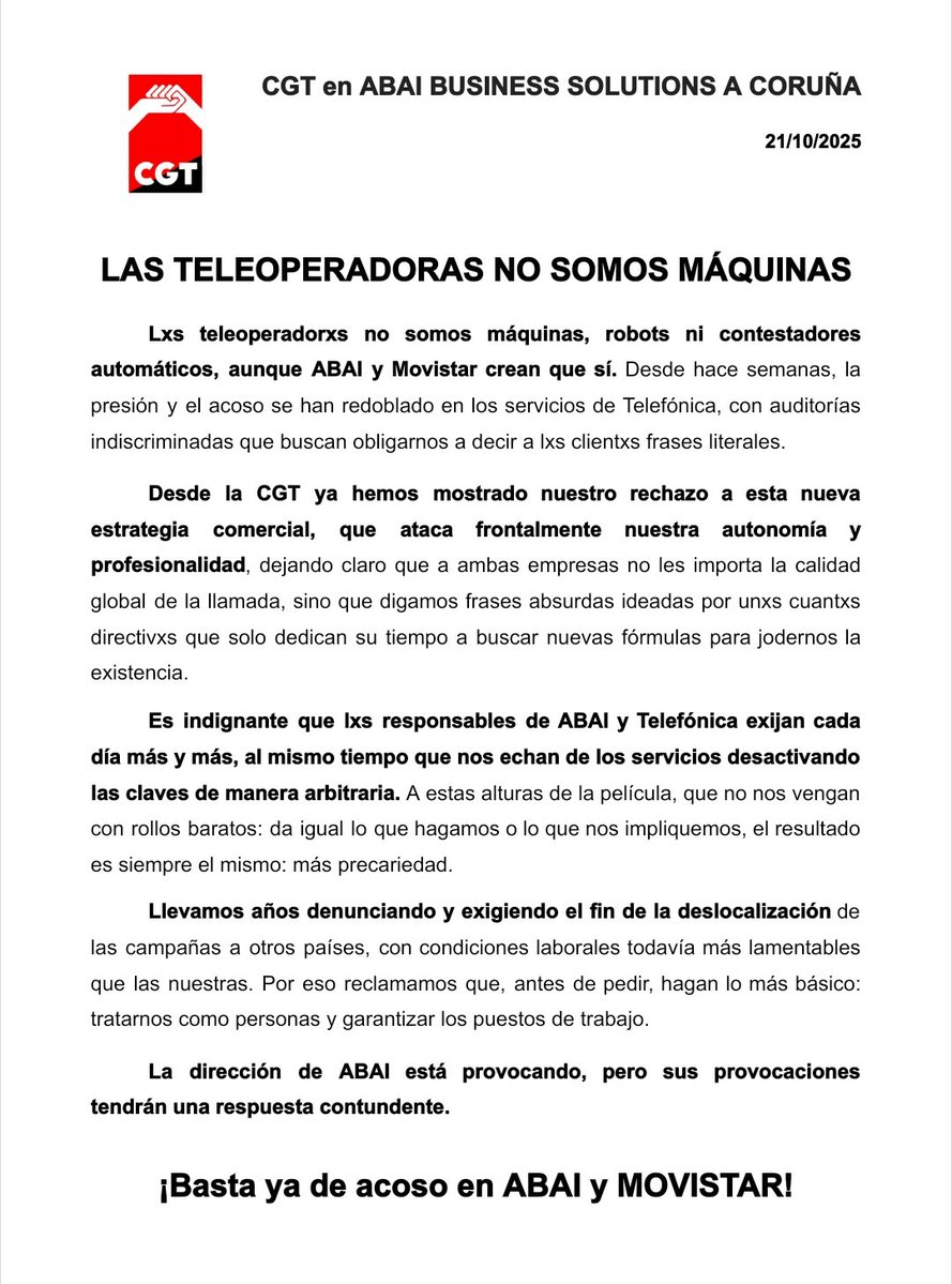 ¡Las teleoperadoras no somos máquinas! 

Por un lado, el <a href="/GroupAbai/">Abai</a> y <a href="/movistar_es/">Movistar España</a> nos exigen cada vez más; por el otro, desmantelan los centros de trabajo mediante la deslocalización.

¡No a la presión, sí a la estabilidad laboral!