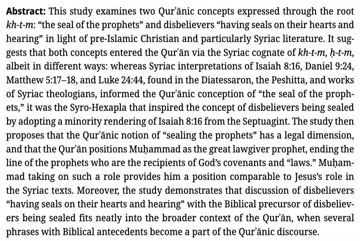 Der Islam 102.2 is hot off the press! First up:
[open-access] Ana Davitashvili, "Sealing and the Root kh-t-m in the Qurʾān and pre-Islamic Christian Literature: On the 'Seal of the Prophets' and Disbelievers Having 'Seals on Their Hearts and Hearing'”
degruyterbrill.com/document/doi/1…