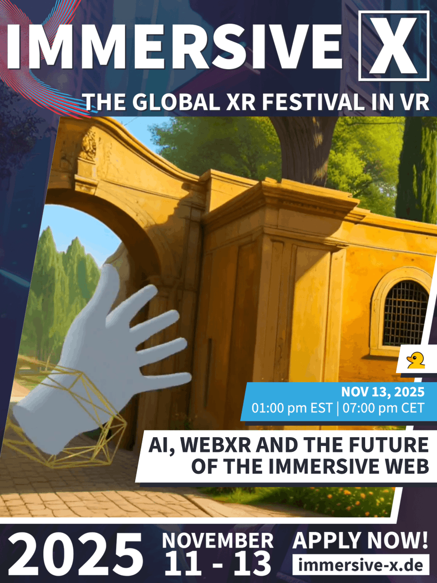 NeoFablesVR's tweet photo. Super excited to invite you all to this year's IMMERSIVE X | The Next Reality Festival, where I'll have a talk on Thursday, November 13, 2025 7:00 pm CET! 🥳

Immersive X is a fully virtual festival dedicated to VR and other immersive technologies. My talk will be again focused on AI and its impact on VR - however this time apart from pure technology I want to also address some philosophical and ethical questions 🤖🤔

🚨To join my talk, you only need a web browser (either in VR or on your computer/mobile). Attendance is free, but seats are limited - please reserve your spot on the official website. 🚨

Also go and check out the other talks!
Big thanks to @vmpeople for organizing!