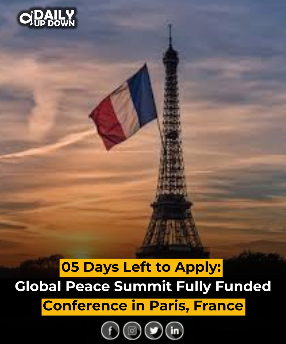 Daily_UpDown's tweet photo. 05 Days Left to Apply: Global Peace Summit Fully Funded Conference in Paris, France 🇫🇷

Apply: https://t.co/jQpKdzRp9n
4 Days Conference in Paris. Open to all Nationals. No IELTS is Required.
The Program Covers:
✅Airfare
✅Accommodation
✅Meals
Deadline: 25 Oct 2025 https://t.co/HNWzCPo7d9