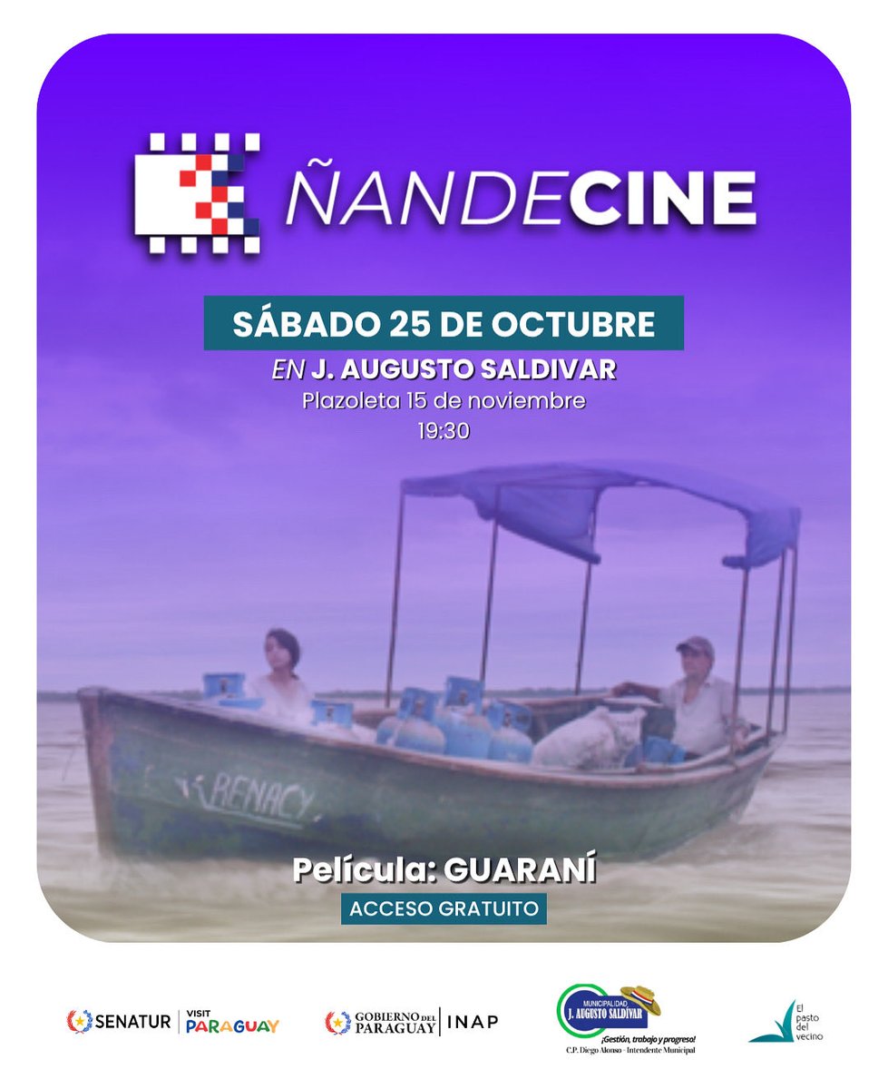 Senatur_Py's tweet image. 🎬✨ ¡Ñande Cine llega a J. Augusto Saldívar!
Este sábado 25 de octubre, te invitamos a disfrutar de una noche de cine al aire libre en la Plazoleta 15 de Noviembre, desde las 19:30 h, con la proyección de la película “Guaraní”. 🇵🇾
🍿 Un espacio para compartir en familia y…