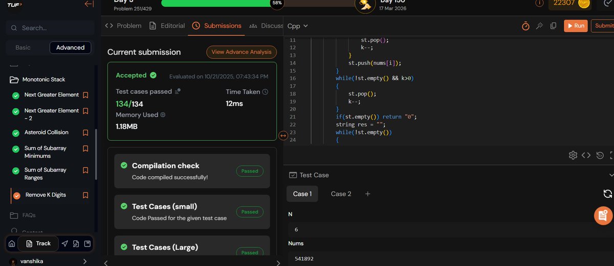 SilentCommit01's tweet image. Day 9 #TUFWinterArc 💻
Completed 90% ,1 ques left. 
Covered: Linear Search, Largest &amp;amp; Second Largest, Max Consecutive Ones, Array Rotations, Move Zeros, Remove Duplicates, Missing Number, Union &amp;amp; Intersection, Subarray Sums, Min Stack.
(was not to able put all pseudo codes)
#DSA