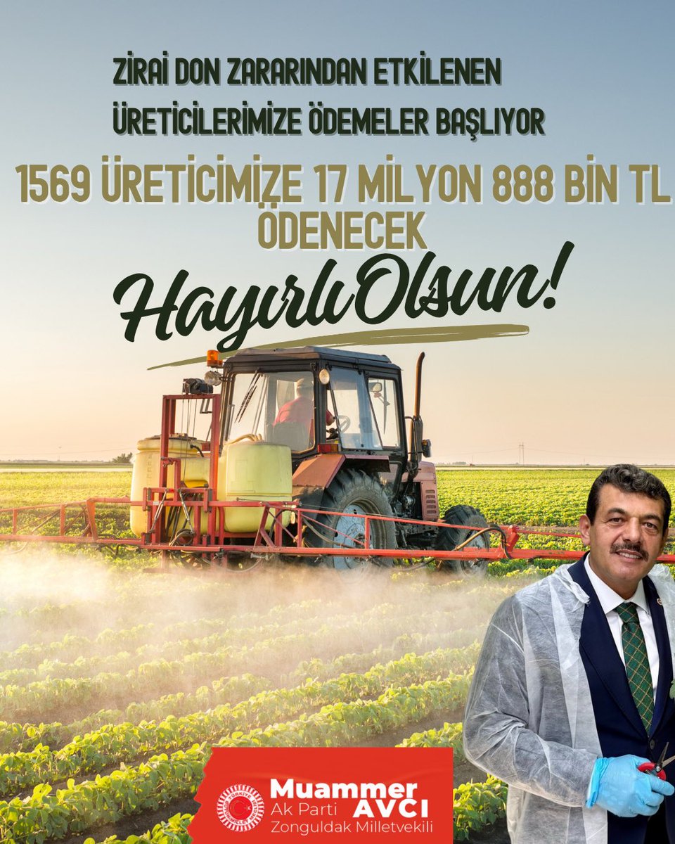 📌ZİRAİ DONDAN ETKİLENEN 1️⃣5️⃣6️⃣9️⃣ÜRETİCİMİZE 1️⃣7️⃣MİLYON 8️⃣8️⃣8️⃣BİN TL ÖDEMELER BAŞLADI 

Zirai Dondan etkilenerek mahsulü zarar gören üreticilerimize, Zonguldak geneli ödemelerin yapılmaya başlandığını sizlerle paylaşmaktan mutluluk duyuyorum. 

Bu kapsamda; #Zonguldak geneli 1569