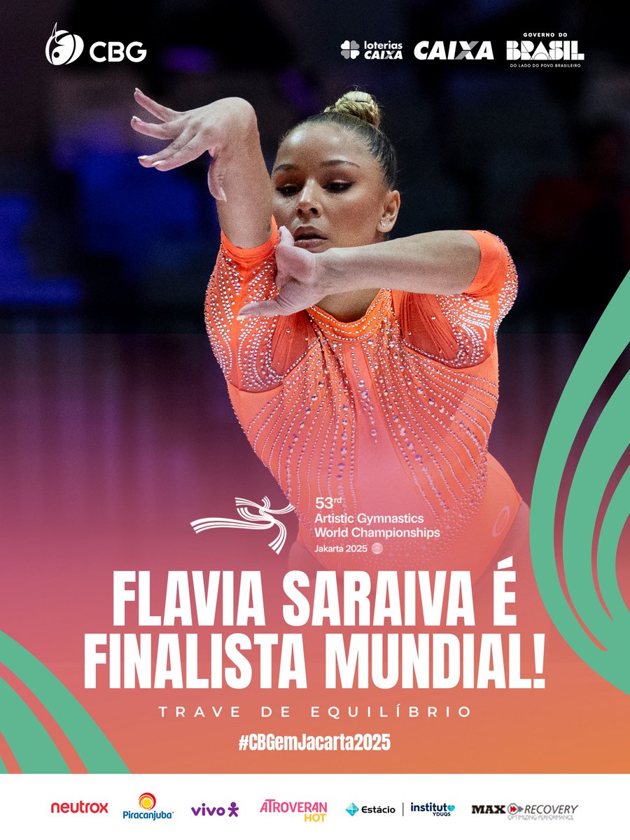 cbginastica's tweet image. É ELA, BRASIL! 📣📣📣
Flávia Saraiva está confirmadíssima na FINAL DE TRAVE do Campeonato Mundial de Ginástica Artística Jacarta 2025! YOTRA: Nossa Flavinha avançou na SEGUNDA COLOCAÇÃO com a nota 13.833! UOOOOU! Parabéns, Flávia! Parabéns, treinador Xico! Bom demais ver nossa…