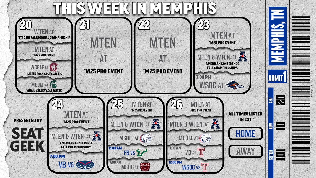 𝗧𝗵𝗶𝘀 𝘄𝗲𝗲𝗸 𝗶𝗻 𝗠𝗲𝗺𝗽𝗵𝗶𝘀 𝗔𝘁𝗵𝗹𝗲𝘁𝗶𝗰𝘀!

Volleyball, Football, and Women’s Soccer are all at home this weekend 🏐🏈⚽️

#GoTigersGo | <a href="/SeatGeek/">SeatGeek</a>