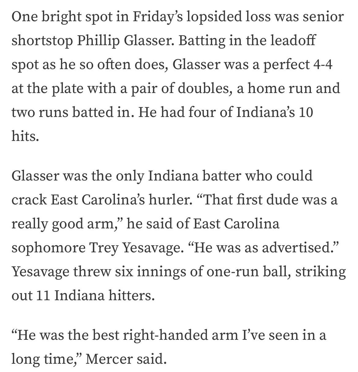 NickRodecap's tweet image. Not surprised. He pitched against Indiana in the 2023 Keith LeClair Classic and #iubase head coach Jeff Mercer had high praise for him. 

Phillip Glasser, who is now in AAA, was the only IU batter who hit safely against Yesavage. Funny how small the baseball world can be.