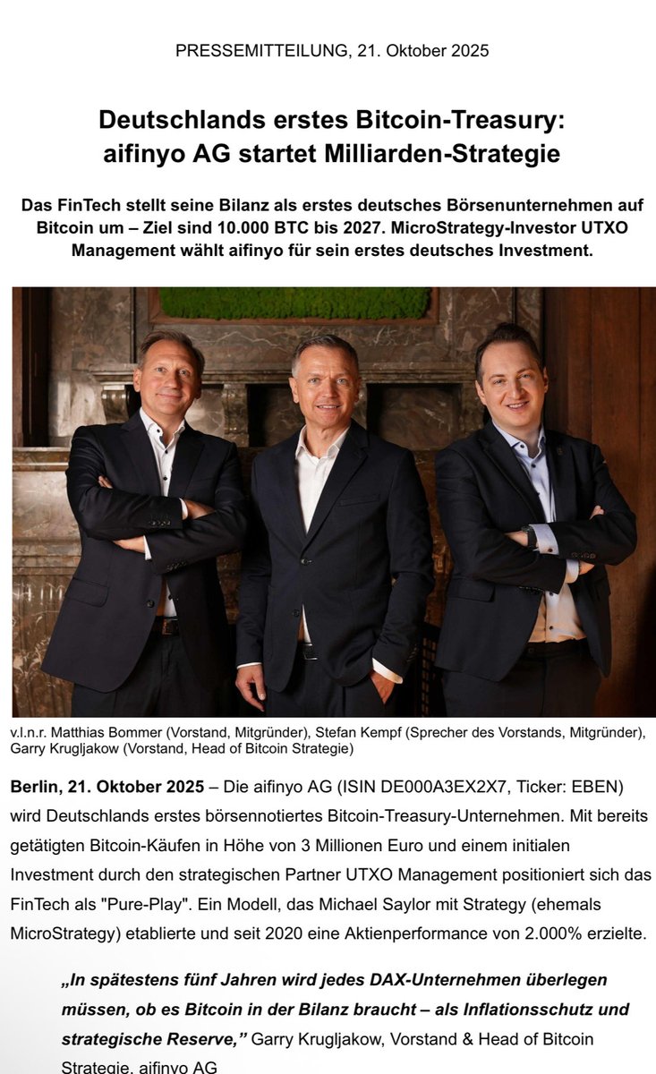 Gerade gemeldet: Deutschland hat offiziell sein erstes Bitcoin Treasury  Unternehmen 👀 Ziel ist der Kauf von 10.000 BTC bis 2027.