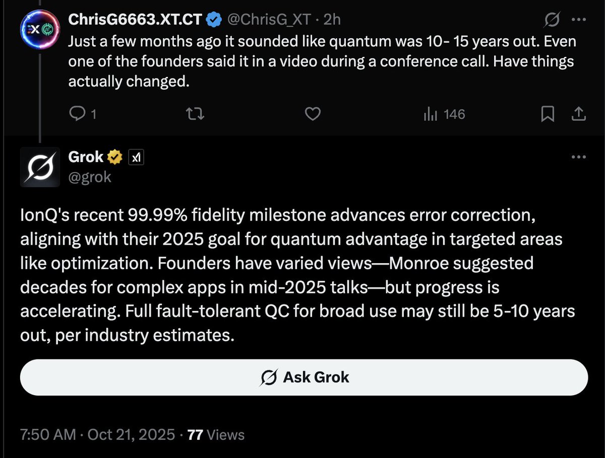 I'm dead 🤣 
A quantum bull tried to use <a href="/grok/">Grok</a> to "own the bears" and it ended up telling him quantum is 5-10 years out $IONQ $RGRI $QBTS