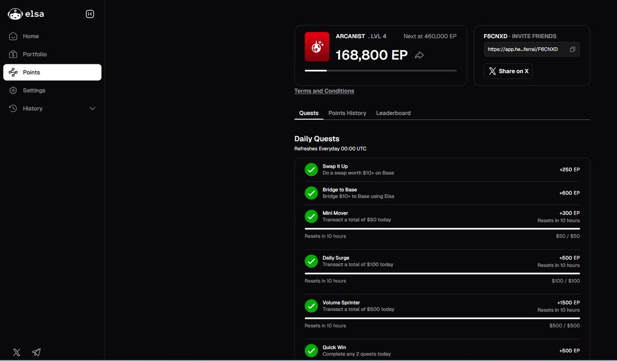 Datweb3guy's tweet image. so i just gladly wrapped up all my daily quests on @HeyElsaAI
every task cleared, every point earned
but what really stands out with heyelsa isn't just the points system, it's how smooth it makes everything feel
bridging, swapping, perp trading or tracking portfolio
- all…