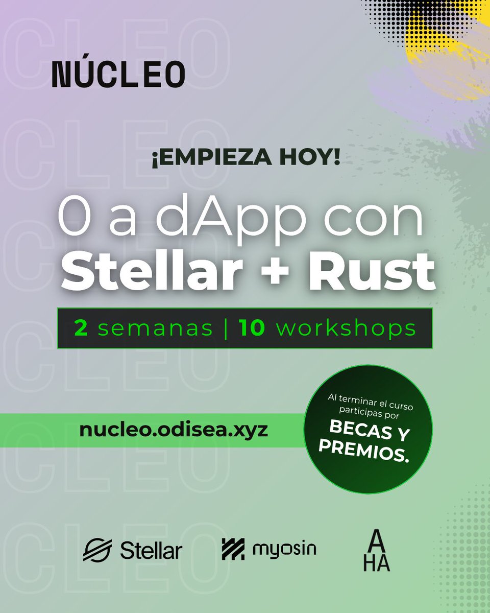 ¡El curso 0 a dApp con Rust + Stellar ya empezó en Núcleo! 

Hoy se habilitó el primer curso tipo bootcamp en la mejor plataforma educativa Web3 de LatAm.   

Quienes terminen el curso tendrán acceso a $15,000 en premios en hackathons y becas para que no te pierdas la experiencia