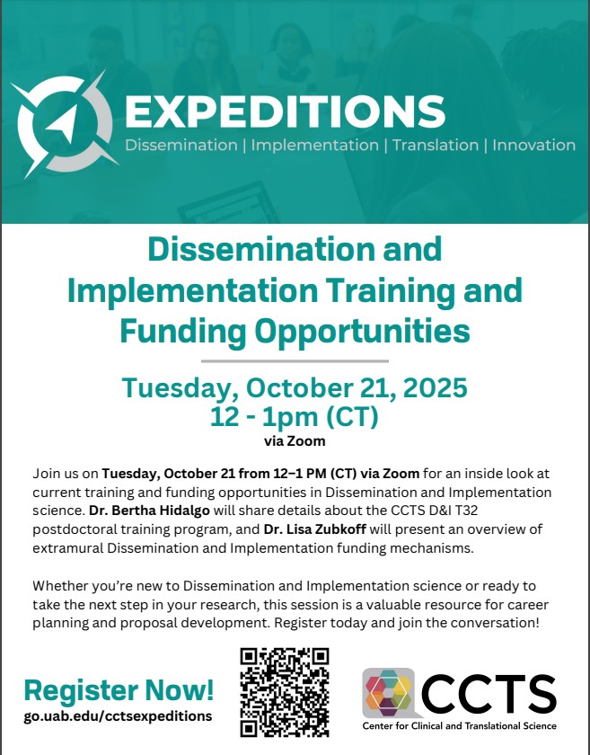 uabcoere's tweet photo. Join us TODAY (Oct 21) from 12–1 PM CT on Zoom for insights into training &amp; funding in Dissemination &amp; Implementation science! Hear from Dr. Bertha Hidalgo on the CCTS D&amp;I T32 program and Dr. Lisa Zubkoff on funding mechanisms. Don’t miss it! https://t.co/TG9yOUNqq4