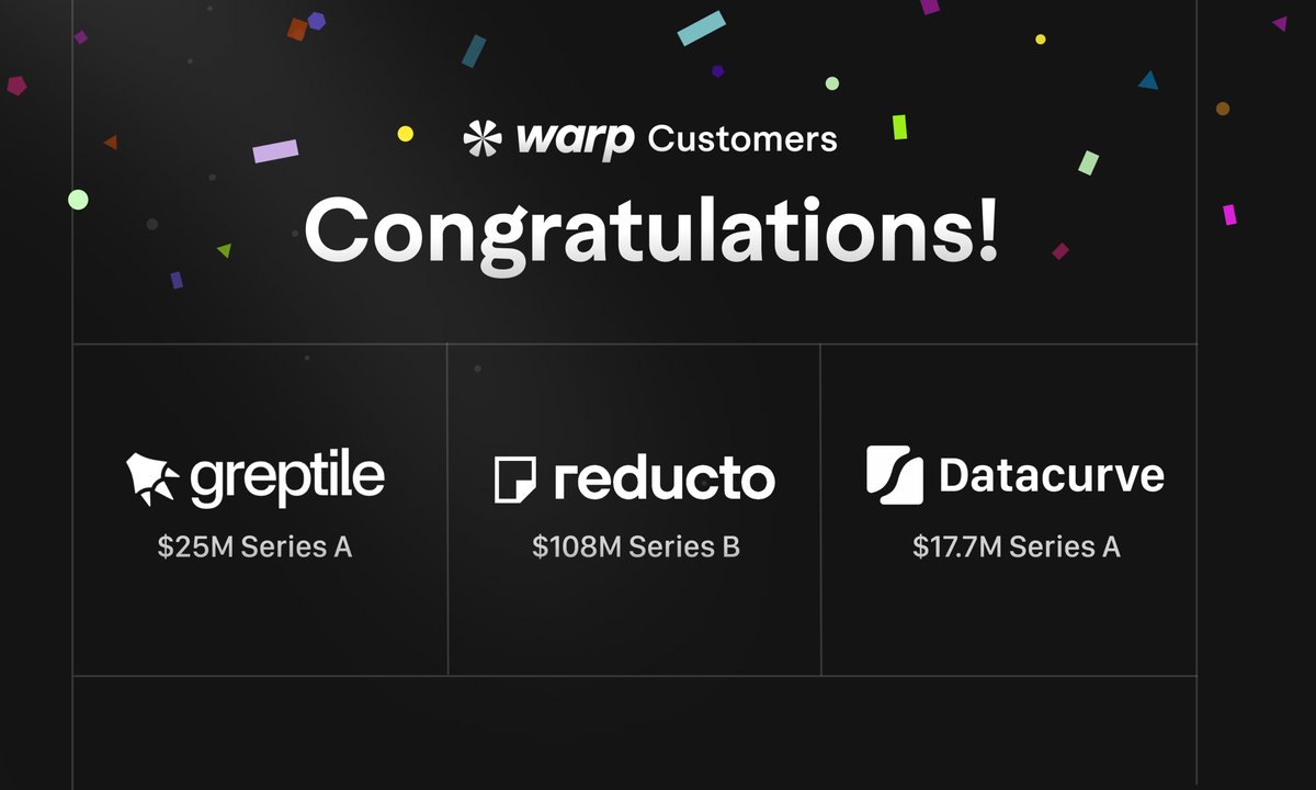 ayushswrites's tweet image. Three Warp customers just announced massive rounds.
Reducto - $108M raised from a16z and Benchmark. Teaching AI to read documents. Processing 1B pages monthly.
Greptile - $25M Series A led by Benchmark. Reviews 500M+ lines of code monthly. Prevents bugs before production for…