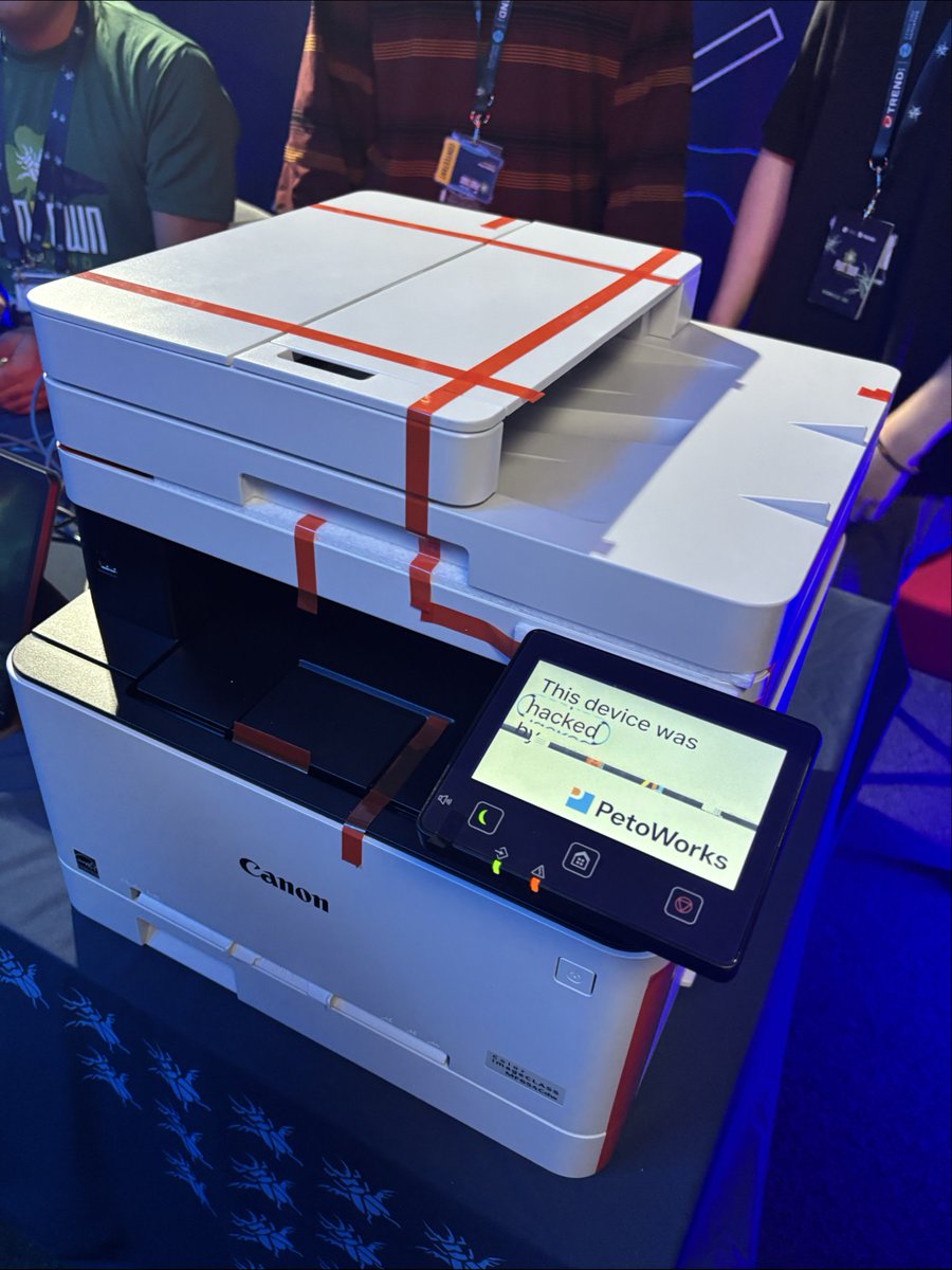 Confirmed! Team PetoWorks used a Release of Invalid Pointer or Reference bug to exploit the Canon printer at #Pwn2Own. They $10,000 and 2 Master of Pwn points for their 3rd round win. #P2OIreland