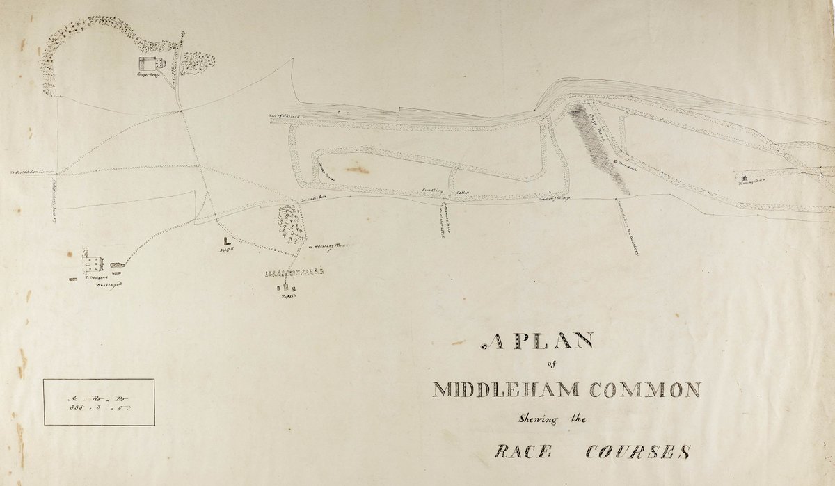 nyccarchives's tweet image. Today's #MapMonday is this wonderful 18th-century plan showing some of the #race courses on #Middleham Common, noting distances from nearby places to the winning chair 🏇 [ZPT]