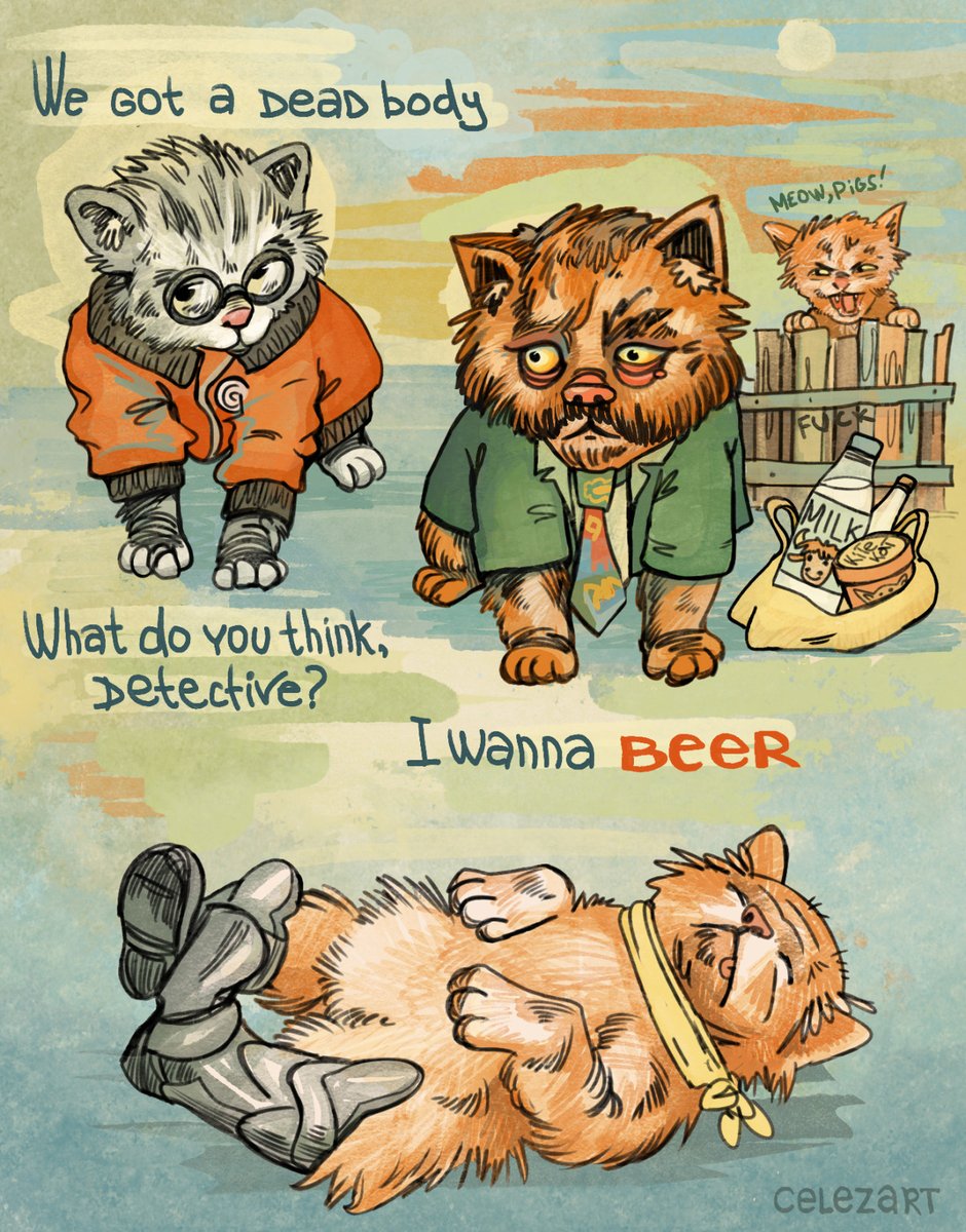 Cat version of best pair cops I drawn just for fun, inspired by the meme. Wake up, Harry - you’re not a cat, you're just drunk.
#DiscoElysium