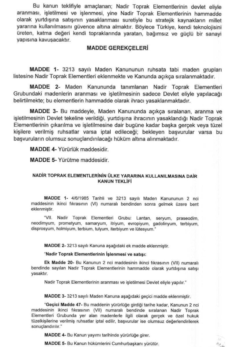 Nadir toprak elementleri, geleceğin stratejik hazineleridir. TBMM’ye sunduğumuz teklif ile madenlerimizin hammadde olarak yurtdışına satışı yasaklanacak, arama ve işletme yalnızca devlet eliyle yapılacak. 
Milli servetimizi koruyacağız!