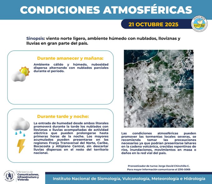 Infographic titled Condiciones Atmosfericas for 21 Octubre 2025 from INSIVUMEH showing weather synopsis of light north winds humid atmosphere clouds rains and floods in the afternoon especially in the Transversal Strip of the North during morning partial cloud cover with isolated rains in the afternoon and night widespread rains with electrical activity in northern Transversal Strip Caribbean Boca Costa and Central Highlands including icons of sun clouds rain and lightning