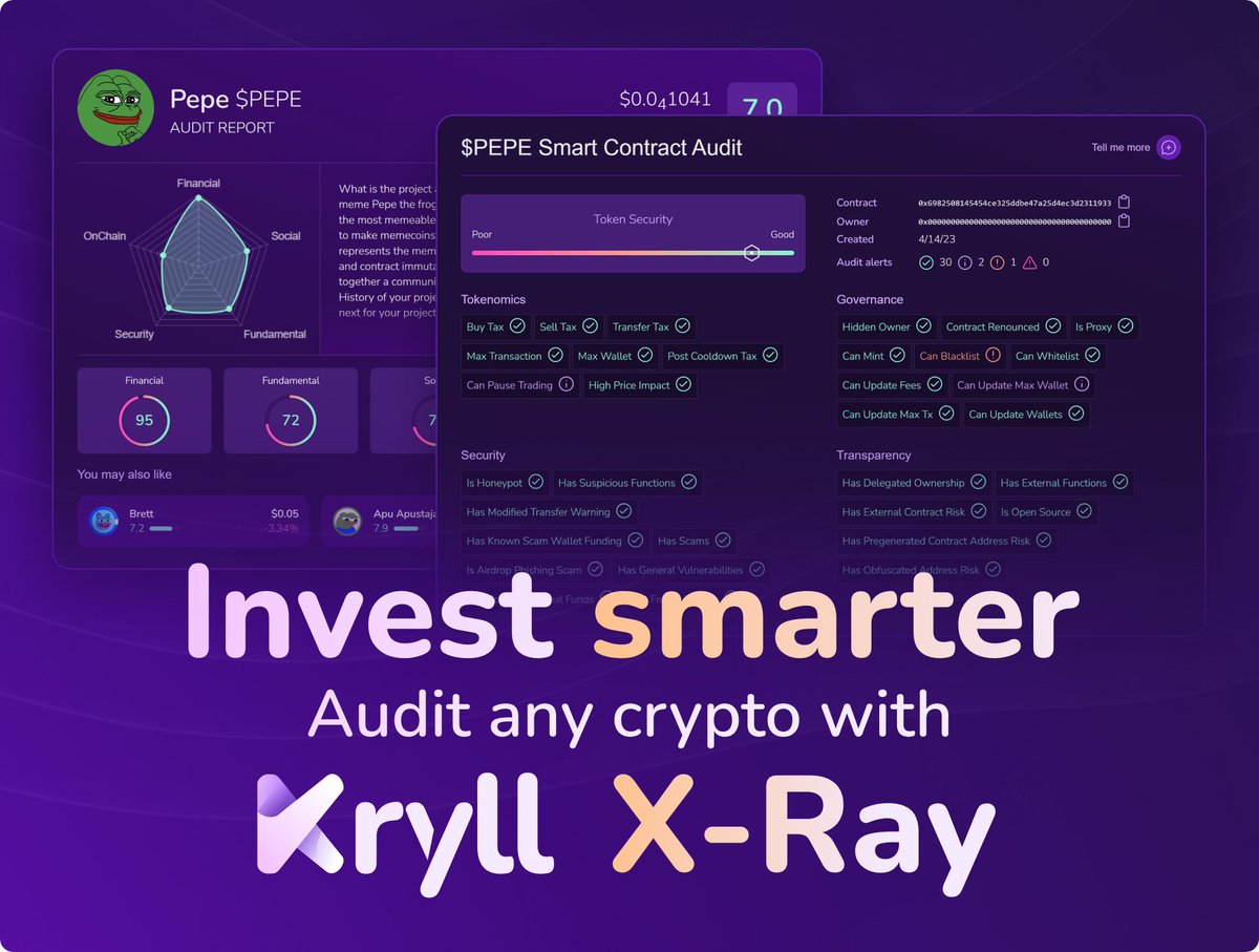 kryll_io's tweet photo. β
Audit any token in seconds with Kryll X-Ray: fundamentals, social, security, smart contract, on-chain data... and much more π
Invest smarter. DYOR simpler.
π Discover X-Ray: https://t.co/TOc8VQhShT
π Follow us, we meet every week for the #XRayWeekly Discoveries https://t.co/tqAmgMXZNr