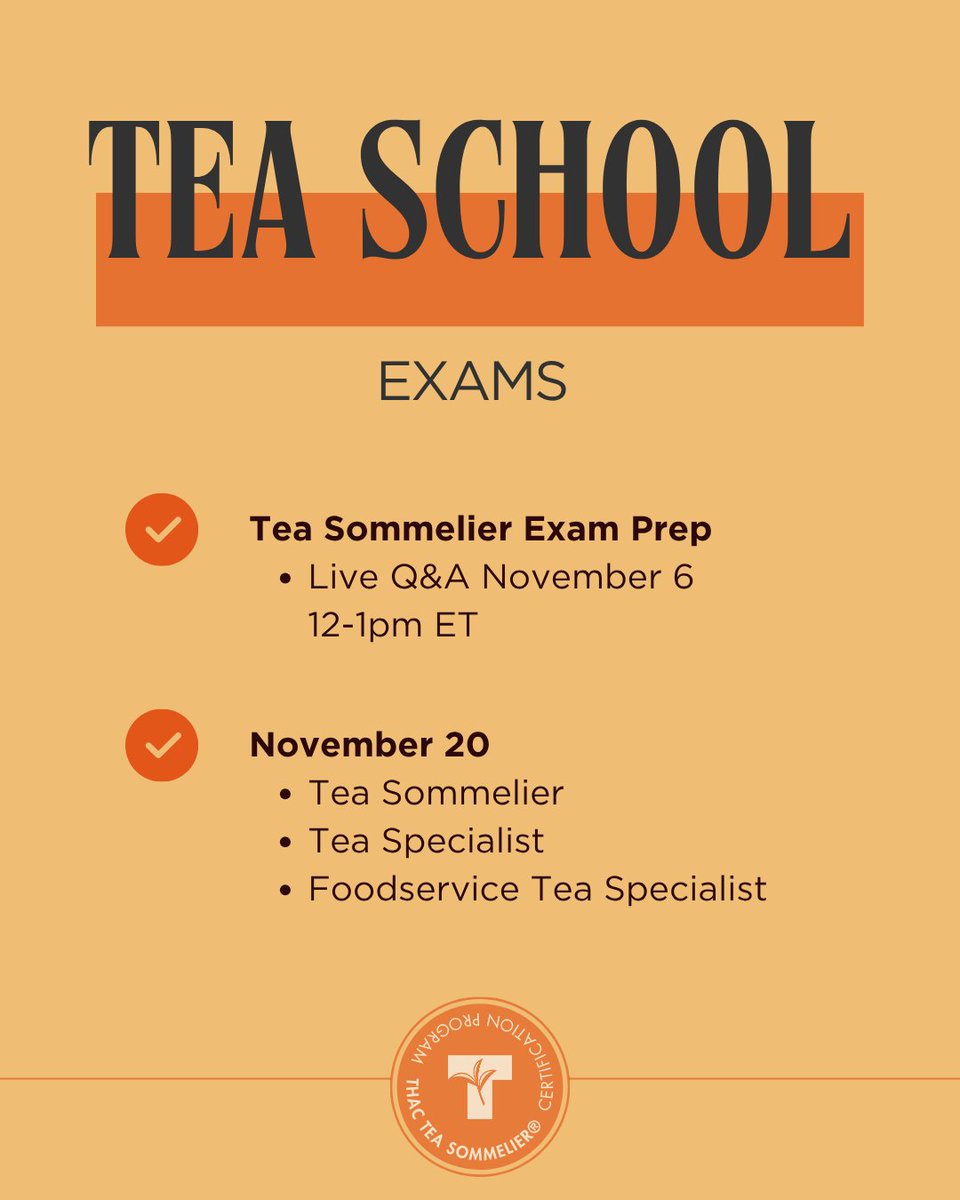 THAC's tea education certifications include: Tea Sommelier®, Tea Specialist, Foodservice Tea Specialist or a certificate in Herbs &amp; Infusions. Available online or in-person in English. Also available in French, Italian and Spanish.

See schedule here: f.mtr.cool/yevketfckk