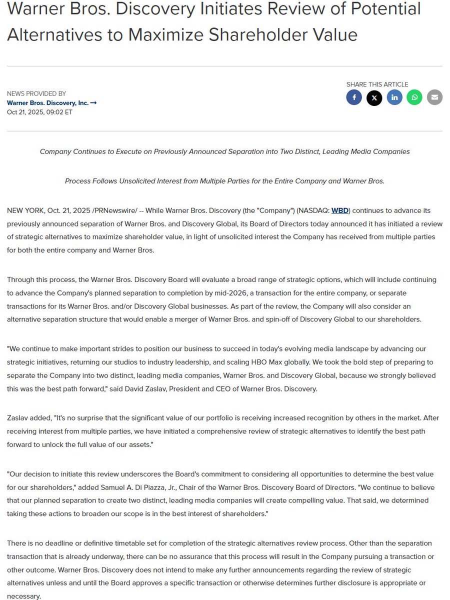 DiscussingFilm's tweet image. Warner Bros has announced that they are now officially considering acquisition offers.

They will launch a “comprehensive review of strategic alternatives” for a whole or partial sale of the company.