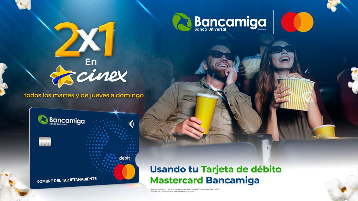 bancamiga's tweet image. ¡Vive el cine como nunca con Bancamiga y Cinex!

Disfruta 2x1 en Cinex todos los martes y de jueves a domingo.

Usa tu tarjeta de débito Mastercard Bancamiga y convierte cada función en una experiencia inolvidable.

#Bancamiga #Cinex #2x1 #Promoción #Mastercard